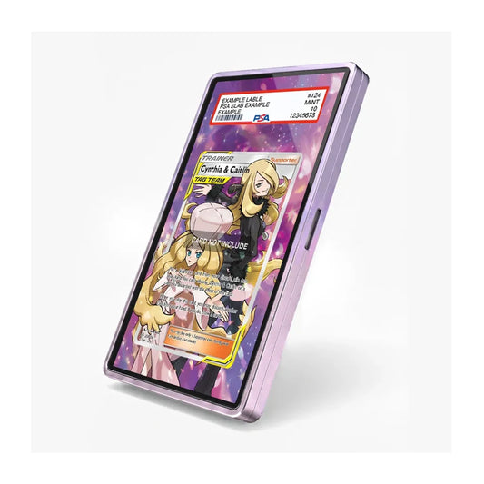 A translucent lavender-purple phone case shown on a smartphone, with a printed sample trading card design visible through the screen. The case appears to be the product, photographed on a clean white studio background.