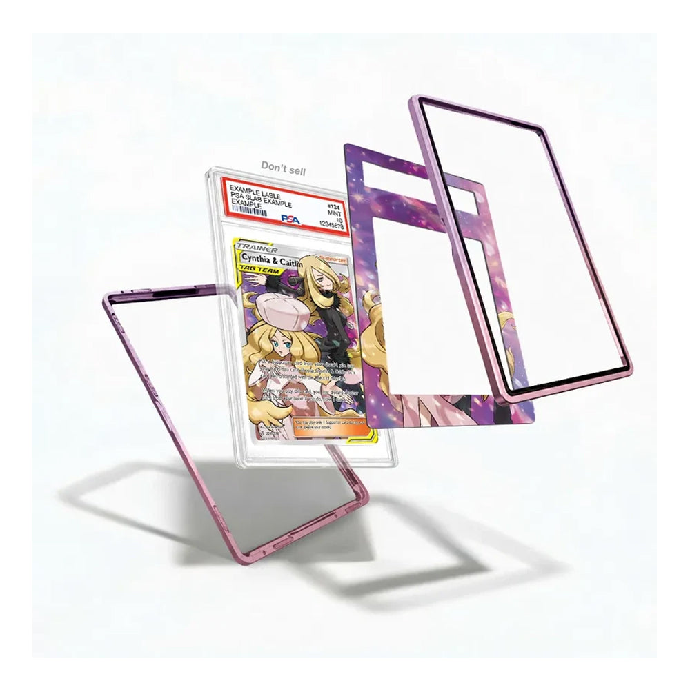 A set of transparent phone case panels with a pink and purple galaxy pattern, shown floating against a white background. One panel is displayed on its own, while another is shown fitted over a graded comic book card.