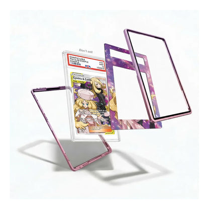 A set of transparent phone case panels with a pink and purple galaxy pattern, shown floating against a white background. One panel is displayed on its own, while another is shown fitted over a graded comic book card.