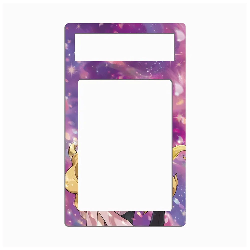 A decorative phone case or frame insert with a purple and pink galaxy print, featuring anime-style character artwork at the bottom and a large blank center cutout.