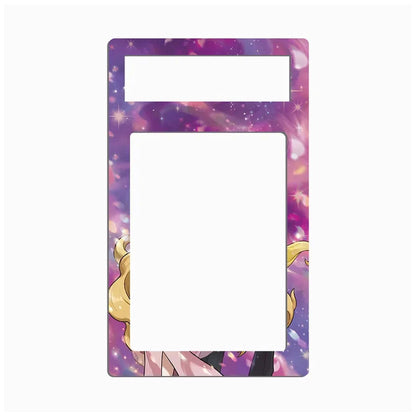 A decorative phone case or frame insert with a purple and pink galaxy print, featuring anime-style character artwork at the bottom and a large blank center cutout.
