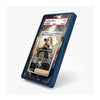 A blue protective case around a tablet device displaying a collectible card example, shown on a clean white background.