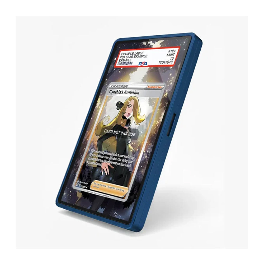 A blue protective case around a tablet device displaying a collectible card example, shown on a clean white background.