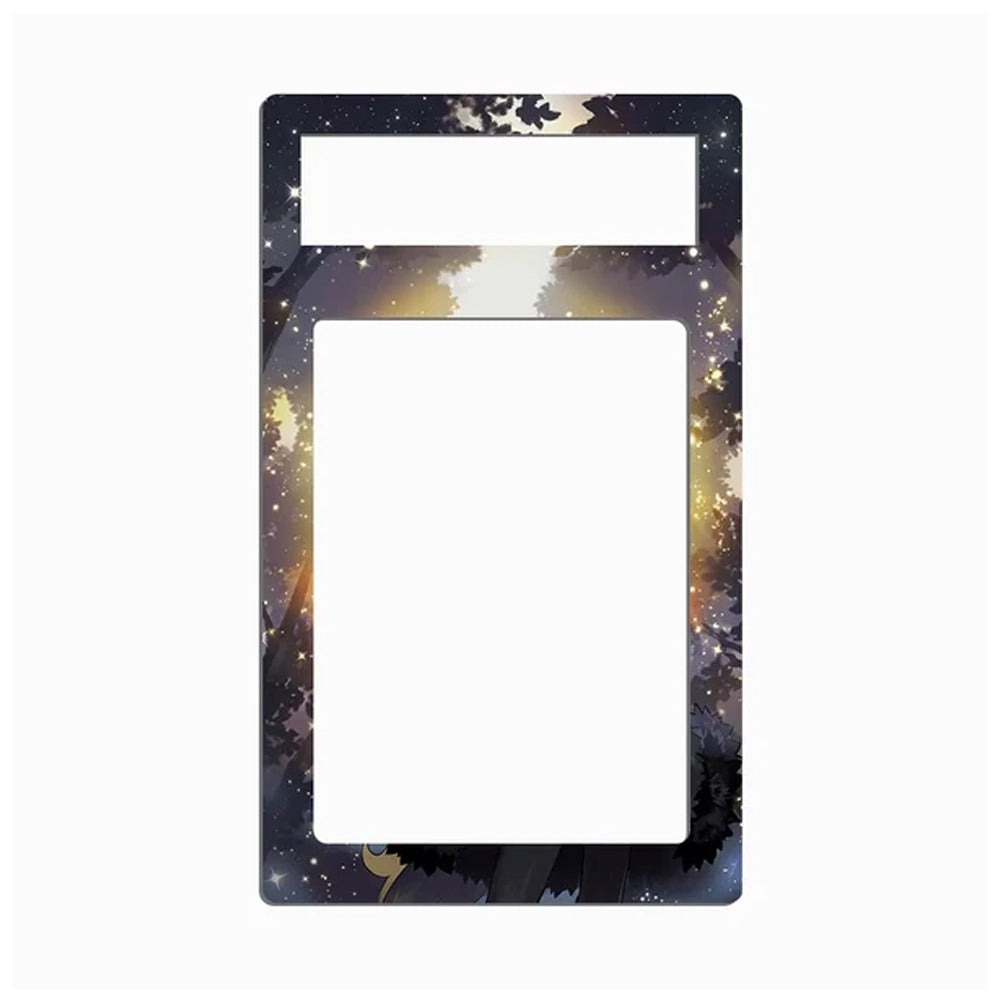 A rectangular decorative frame or plate with a large blank white center and a smaller horizontal white slot at the top, surrounded by a dark galaxy-style border with stars, nebulae, and soft gold glow tones.