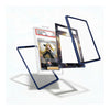 Four clear acrylic display cards with dark blue borders are arranged floating against a white background. One card in the center is shown holding a graded holographic trading card, demonstrating their use for displaying collectibles.