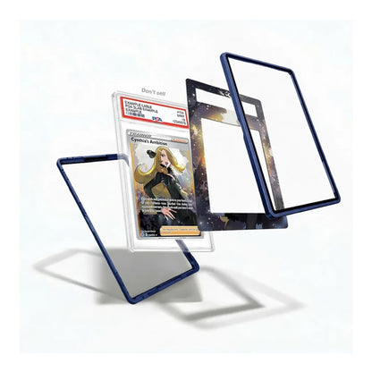 Four clear acrylic display cards with dark blue borders are arranged floating against a white background. One card in the center is shown holding a graded holographic trading card, demonstrating their use for displaying collectibles.