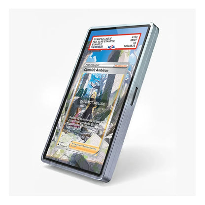 A slim, metallic gray smartphone shown standing upright at an angle on a clean white background. The screen displays a colorful card game or app interface with text such as 'Crescent's Ambition' and 'Example Large'.