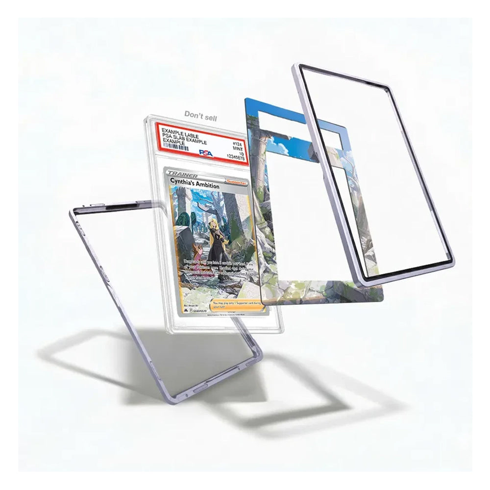 Three clear protective glass or acrylic screen frames are shown floating around a graded trading card on a clean white background. The frames appear to be the product being sold, with the card used as a demonstration prop.