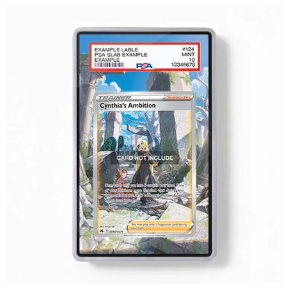 A PSA graded protective slab containing a trading card, shown against a plain white background. The slab has a clear plastic border and a red PSA grading label at the top with the text 'EXAMPLE LABLE' and a PSA logo.