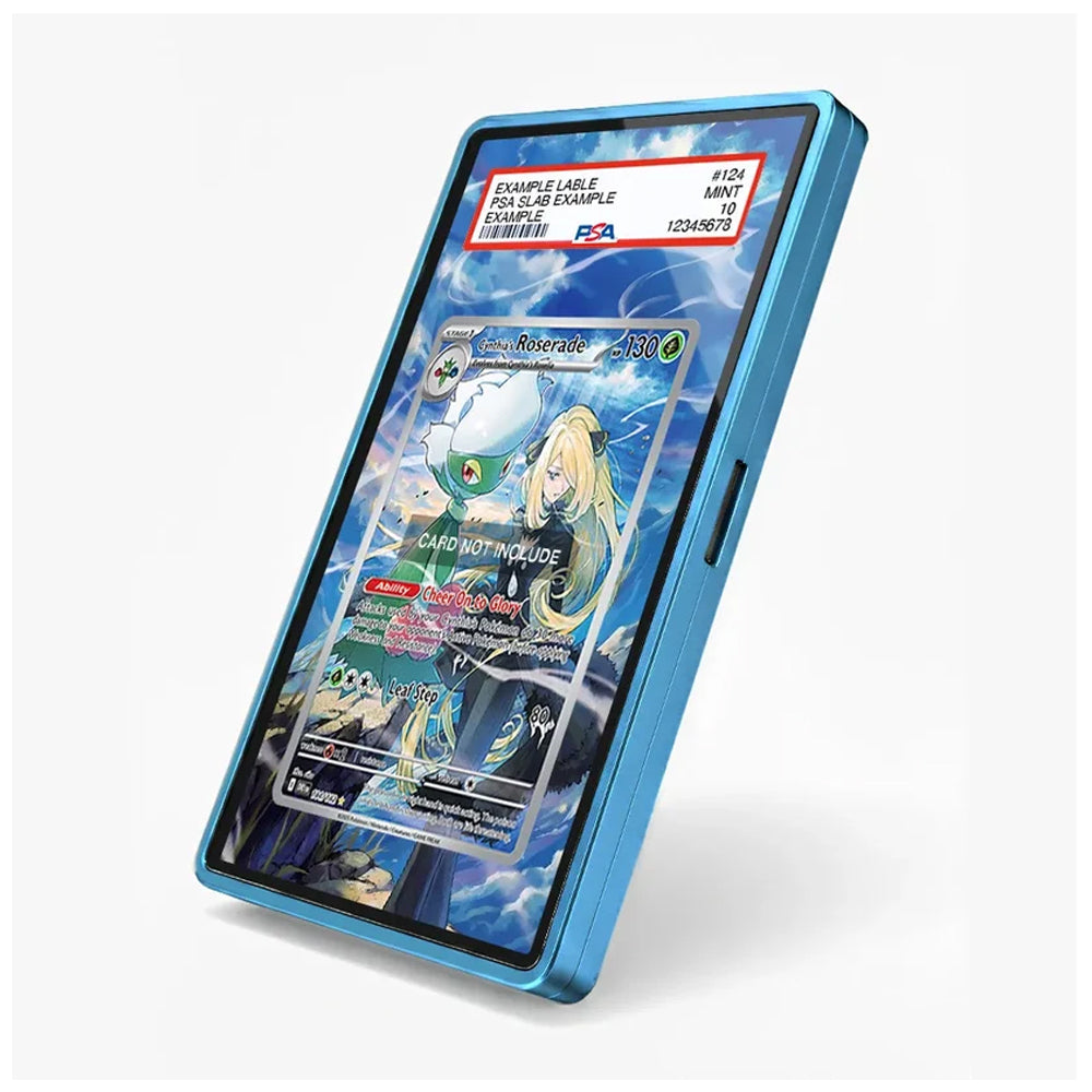 A blue protective phone case shown at an angle on a light gray background, displaying a colorful anime-style card design on its screen.
