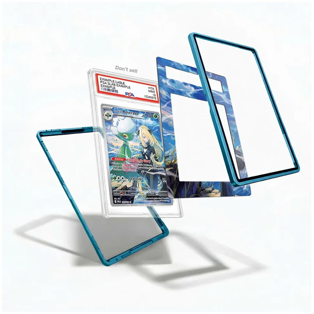 A set of custom protective phone cases with a translucent teal blue border, shown floating around a graded holographic Pokémon TCG card on a clean white background.