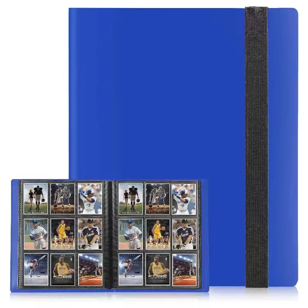 Blue card album with black binding holding baseball cards on a white background