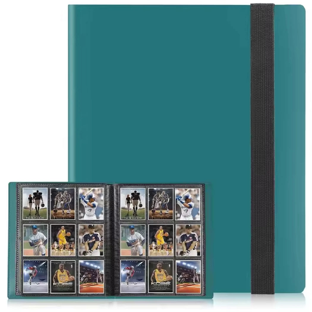Teal card album with black strap on a white background
