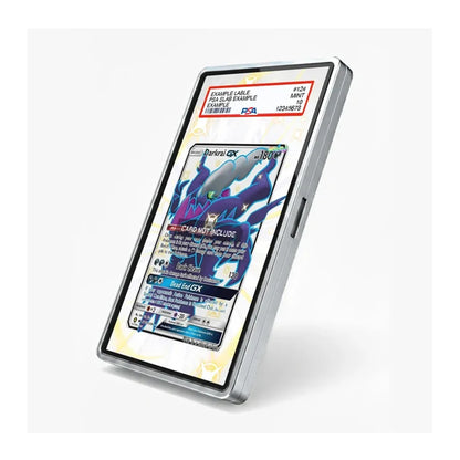 A silver-framed vertical display card holder containing a Pokémon Teraunt GX card, shown at an angle on a clean white background. The top of the holder features a sample insert with a red PTA label.