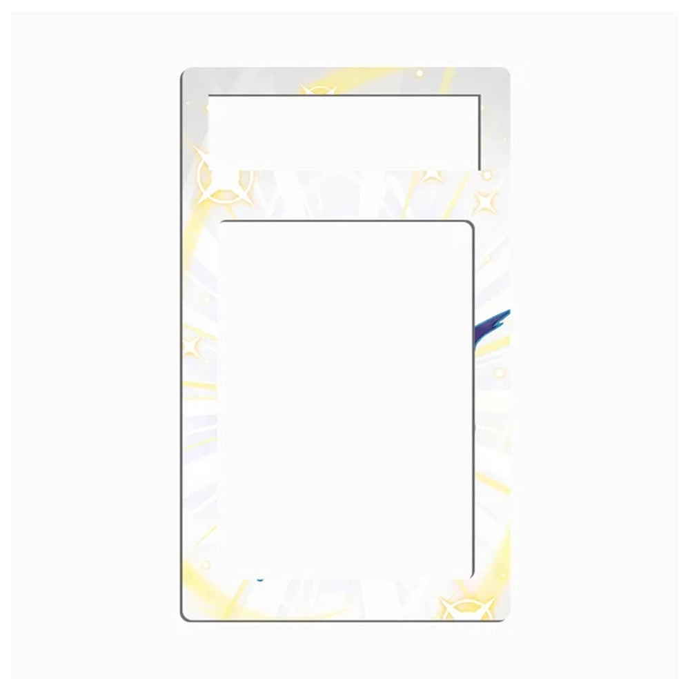 A rectangular metal card frame or picture frame insert with a decorative border featuring gold sunburst rays and star motifs on a white background, shown against a light gray backdrop.