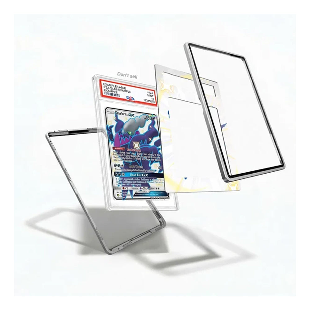 A clear protective case for a Pokémon trading card, shown disassembled into its transparent outer frame, inner sleeve, and backing card. A graded PSA-graded Topps Pokémon TCG card is displayed inside the case to demonstrate fit and protection.