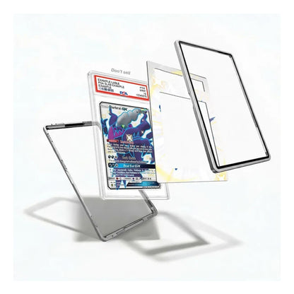 A clear protective case for a Pokémon trading card, shown disassembled into its transparent outer frame, inner sleeve, and backing card. A graded PSA-graded Topps Pokémon TCG card is displayed inside the case to demonstrate fit and protection.