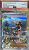 Pokémon trading card with a character on a bike in a scenic setting, encased in protective packaging.