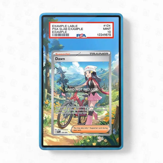 Trading card with a character on a bike in a scenic background, encased in a blue holder.
