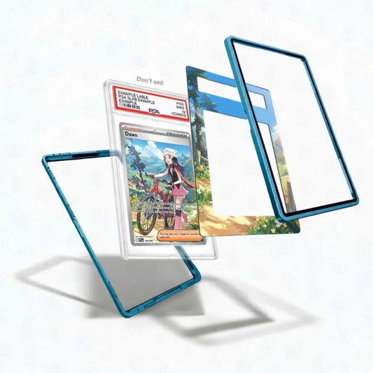 Card display cases with trading cards on a white background