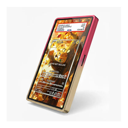 A gold-framed smartphone with a pink side bumper case, shown at an angle on a light gray background. The screen displays a Pokémon trading card game interface with a Flareon card.