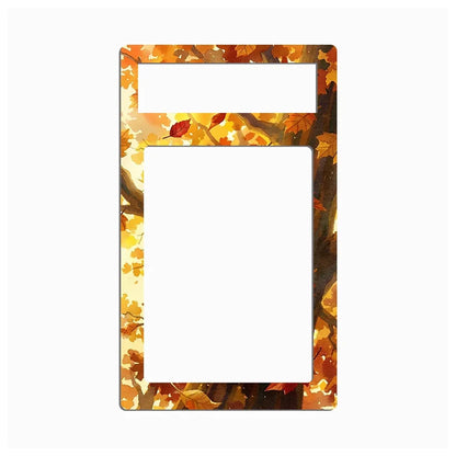 A rectangular metal plate with rounded corners, featuring a printed autumn maple leaf pattern in orange, yellow, and brown. The top portion has a horizontal slot cutout, and the center is a large vertical cutout, shown against a plain white background.