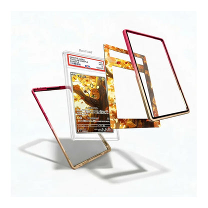 Three transparent phone case frames with metallic rose gold and gold edges are displayed floating around a graded PSA basketball card on a clean white background.