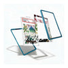 Three transparent acrylic display frames with metallic blue edges are arranged on a white background, with one frame holding a graded comic book and another showing a colorful printed insert.