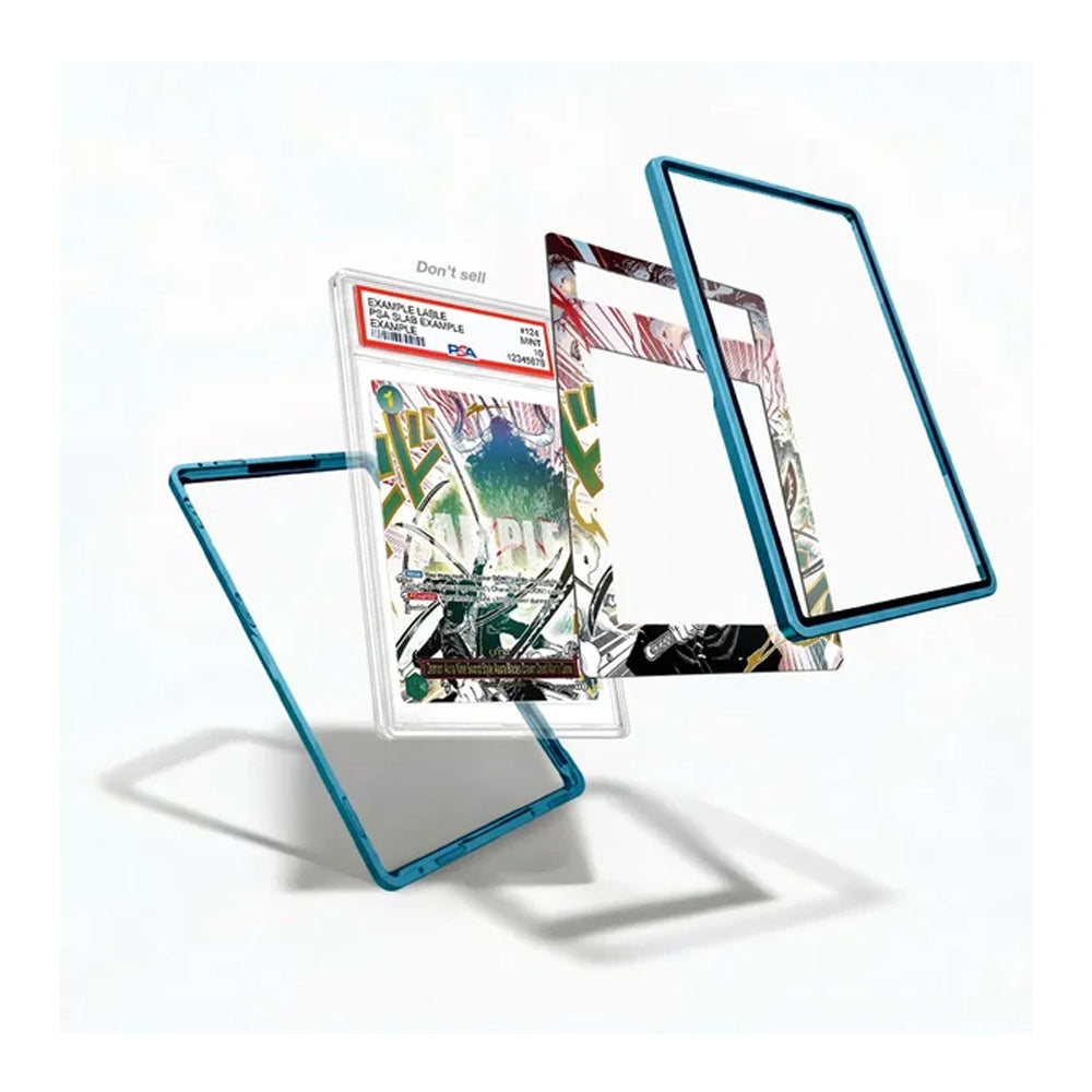 Three transparent acrylic display frames with metallic blue edges are arranged on a white background, with one frame holding a graded comic book and another showing a colorful printed insert.