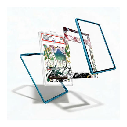 Three transparent acrylic display frames with metallic blue edges are arranged on a white background, with one frame holding a graded comic book and another showing a colorful printed insert.