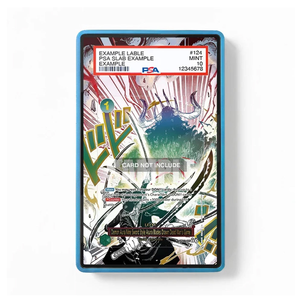 A PSA graded trading card slab with a blue plastic border and a colorful anime-style illustration on the front, shown against a plain white background.