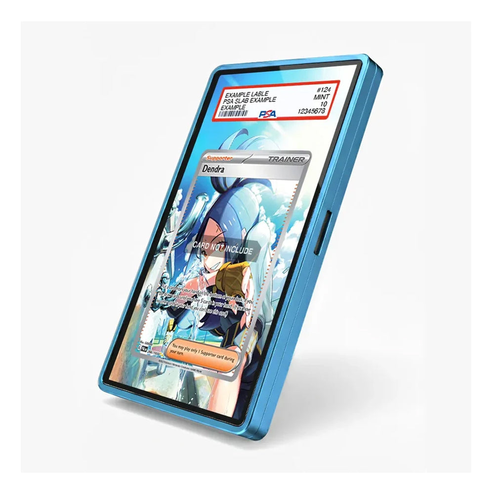 A blue protective phone case with a built-in screen protector displaying a sample Pokémon card, shown at an angle on a light gray background.