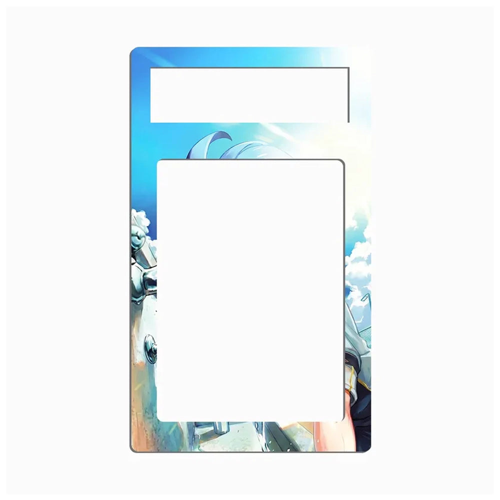 A decorative rectangular card or sticker with rounded corners, featuring anime-style artwork of a white horse and a character with blue hair against a sky background. The top portion has a blank white rectangular area, and the bottom edge shows partial illustrated scenery.