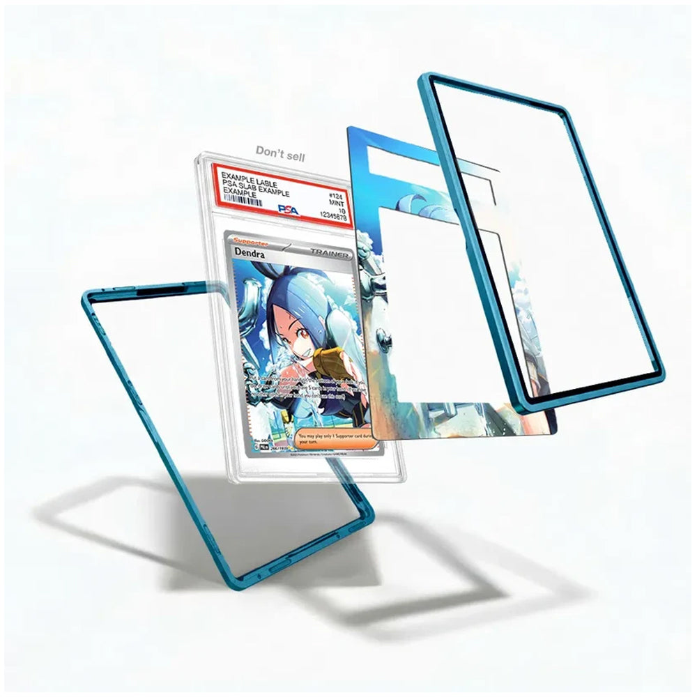 Three clear acrylic or glass display frames with metallic blue edges are arranged floating against a white background, with a graded holographic trading card partially visible inside one frame. No person, animal, or real environment is present, so this is Product/Packaging rather than Lifestyle.