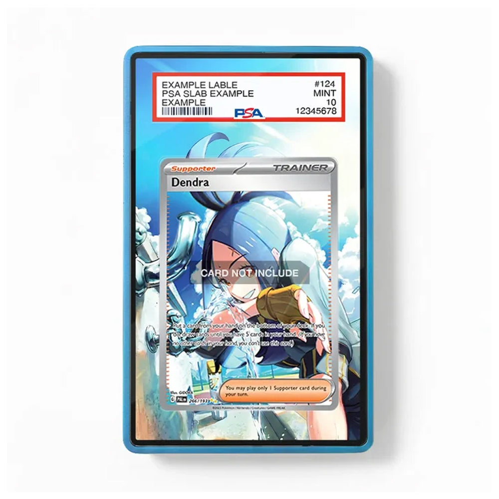 A PSA graded trading card slab showing a Dendra Supporter card, with the PSA label visible at the top and a holographic sample overlay on the front, photographed against a plain white background.