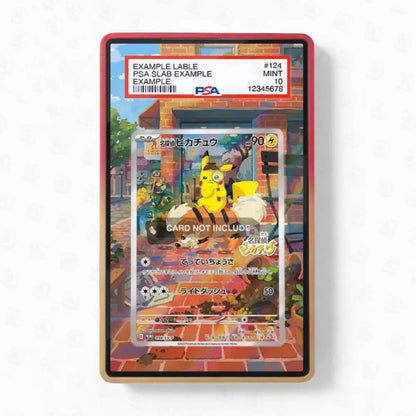 Pokémon trading card in a protective case on a white background