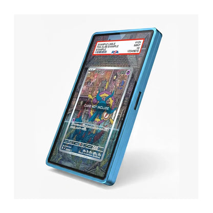 A blue protective phone case with a clear window showing a Pokémon card inside, photographed on a clean white background.