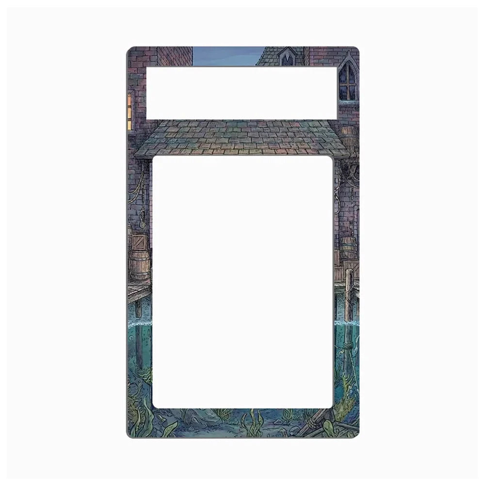 A decorative rectangular phone case or frame insert featuring an illustrated gothic stone archway and water scene, shown on a plain light gray background.