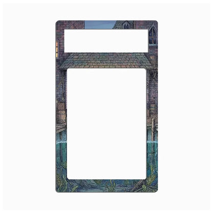 A decorative rectangular phone case or frame insert featuring an illustrated gothic stone archway and water scene, shown on a plain light gray background.