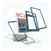 A set of transparent acrylic display frames with teal-blue borders, shown floating around a graded PSA card on a clean white background.