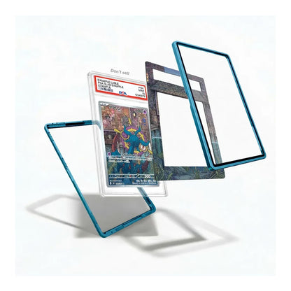 A set of transparent acrylic display frames with teal-blue borders, shown floating around a graded PSA card on a clean white background.