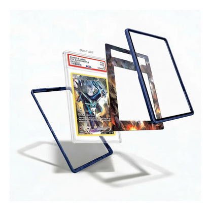 A set of clear acrylic card protectors with dark blue frames, shown floating around a graded Pokémon TCG card on a clean white background.