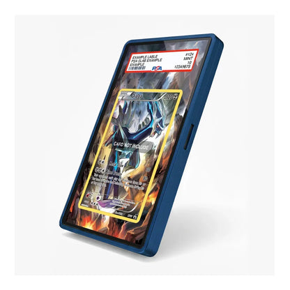 A blue protective card display case holding a Pokémon TCG card, shown on a clean white background. The case has a side button and a display window showing the card inside.