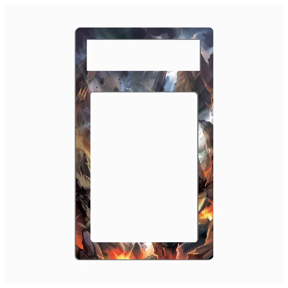 A decorative phone case or frame insert with a fantasy landscape border featuring dark mountains, glowing embers, and a bright white rectangular cutout at the top, shown on a plain white background.