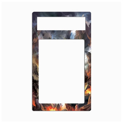 A decorative phone case or frame insert with a fantasy landscape border featuring dark mountains, glowing embers, and a bright white rectangular cutout at the top, shown on a plain white background.
