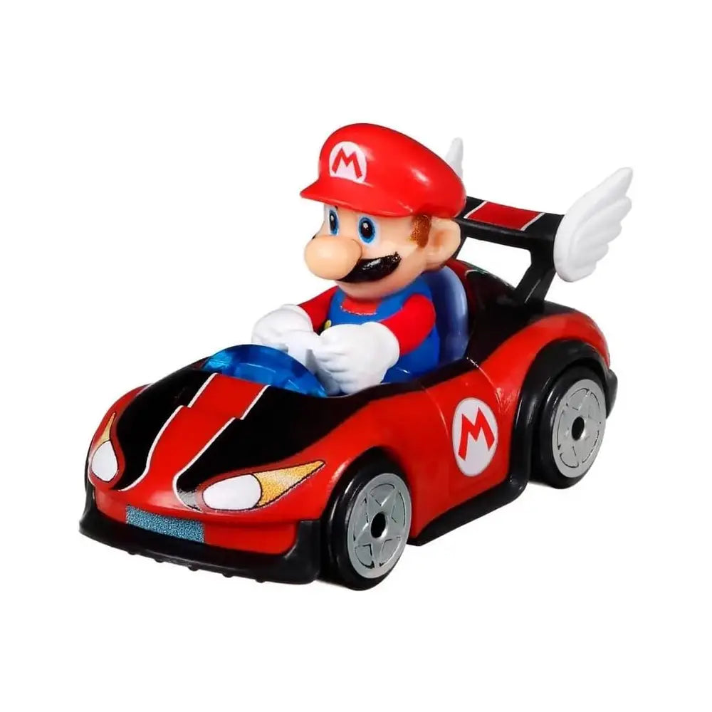 Toy car with character in a red and blue racing suit on a white background