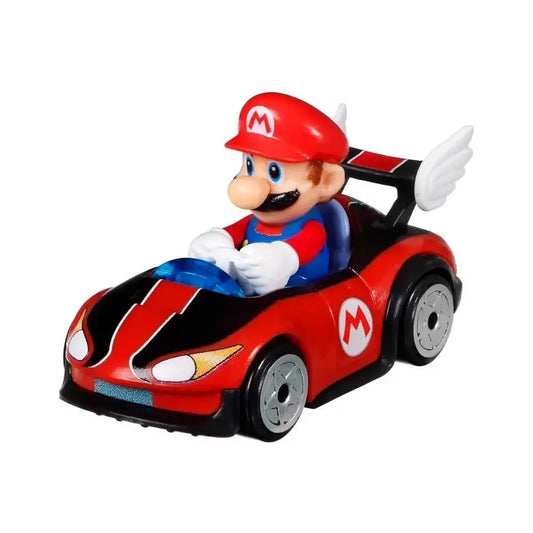 Toy car with character in a red and blue racing suit on a white background