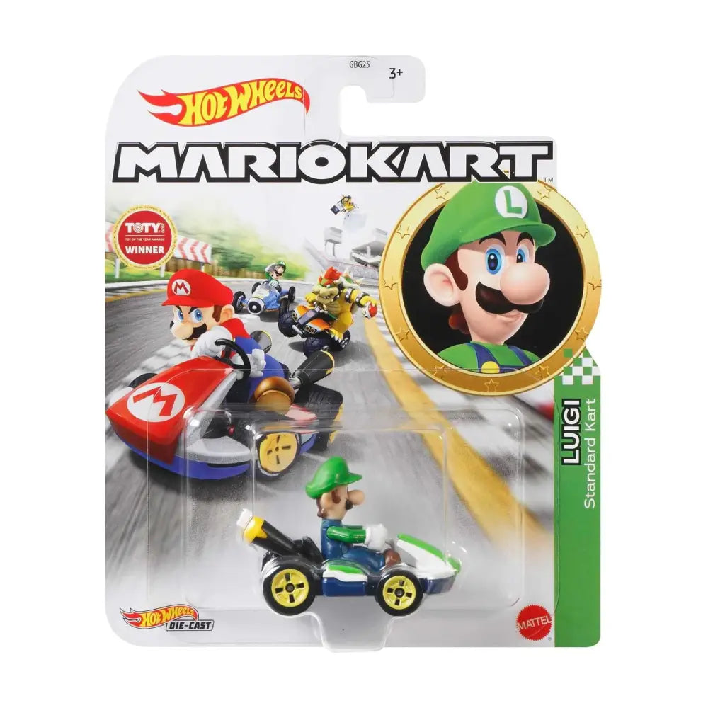 Hot Wheels Mario Kart Luigi toy figure packaging with race track background