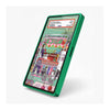 A green protective phone case shown at an angle on a light gray background, with a colorful illustrated screen insert visible inside.