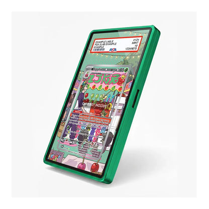 A green protective phone case shown at an angle on a light gray background, with a colorful illustrated screen insert visible inside.